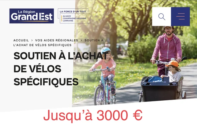 Capture du site de la Région Grand Est : soutien à l'achat de vélos spécifiques