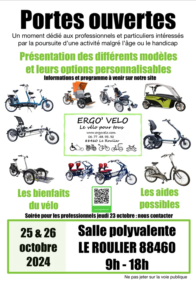 Affiche des portes ouvertes Ergo'Vélo, octobre 2024, salle polyvalente du Roulier